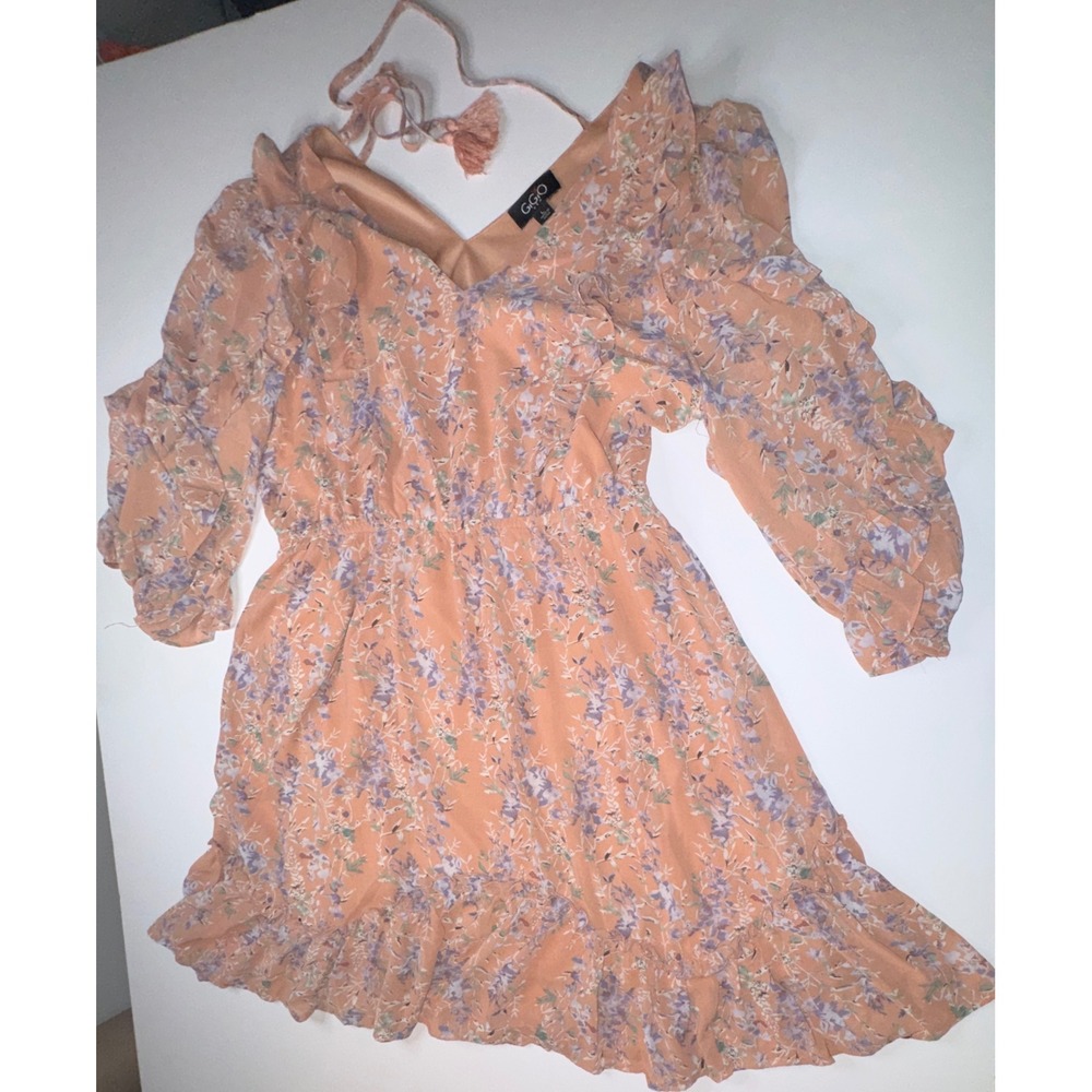 GiGio Peach Floral Ruffle Mini Dress V-Neck Long Sleeve Tassel Tie Back Large